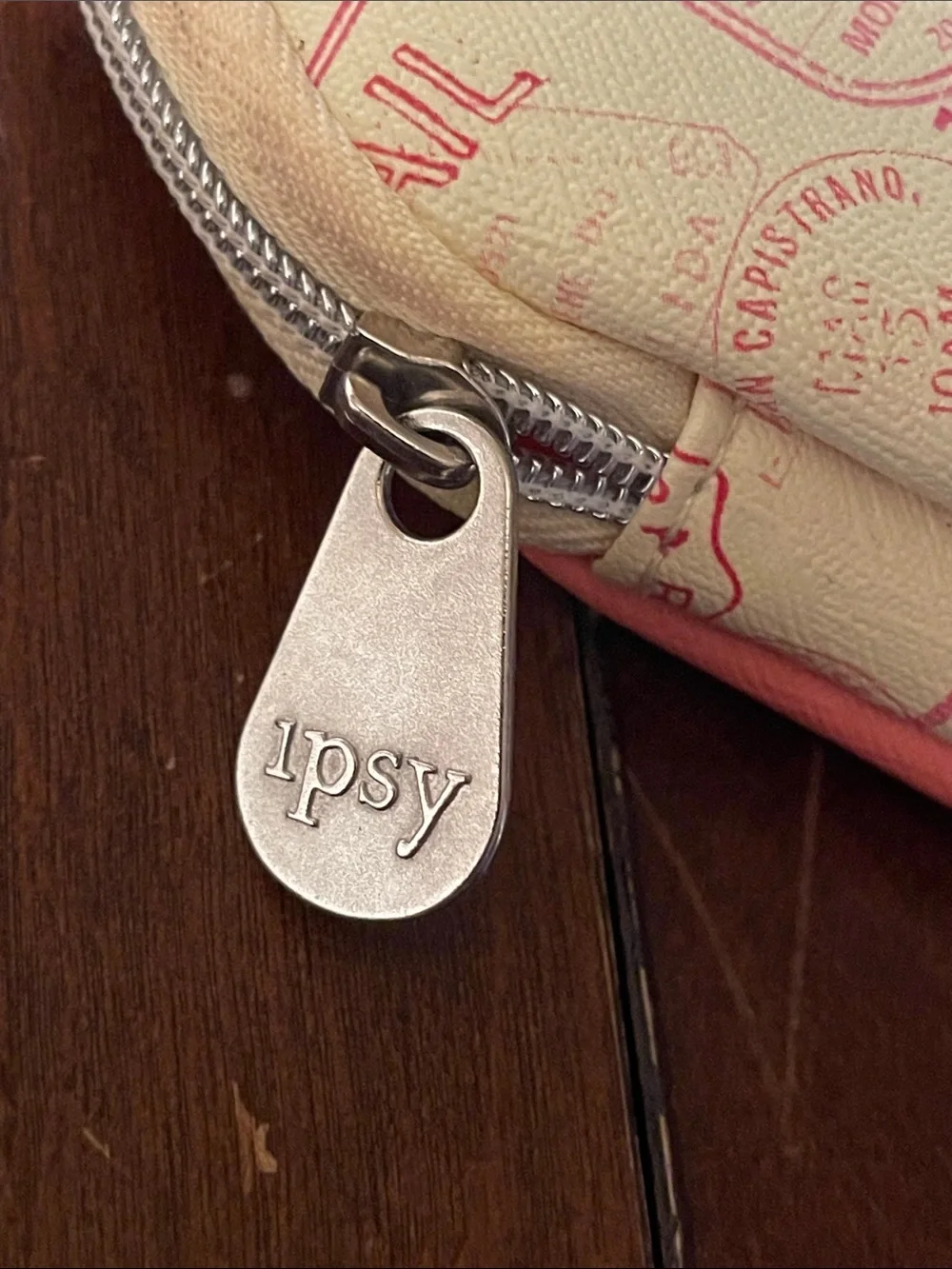 Ipsy Stamped Passport Print Cosmetic Pouch in Cream and Pink